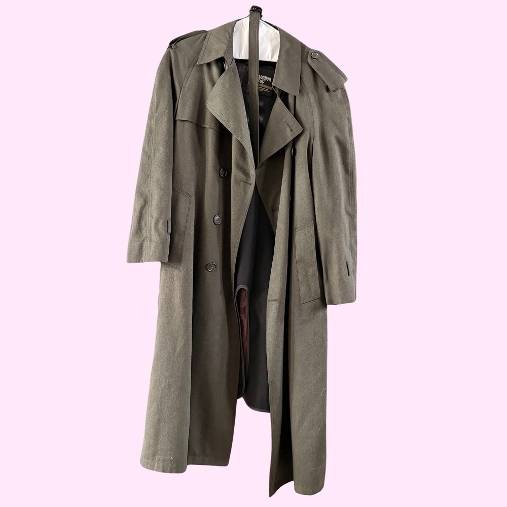 Vintage London Fog Olive Green Detachable Liner Double Breasted Trench Coat 40R